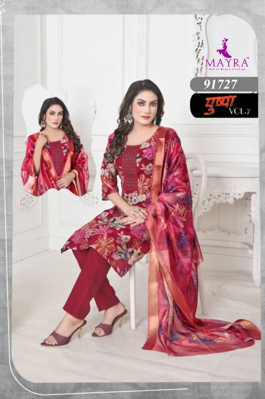 Stylish Mayra Pushpa 7 Vertican Print With Sequence Embroidery Top With Bottom And Dupatta Collection Wholesale 2026