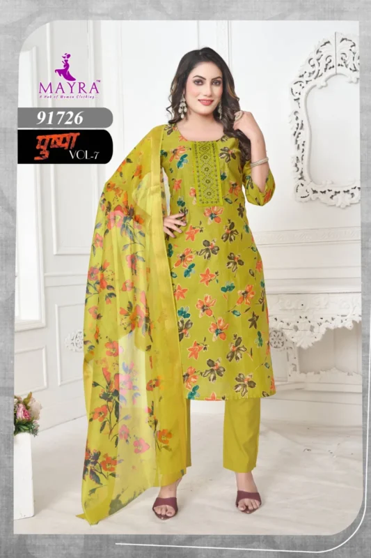 Stylish Mayra Pushpa 7 Vertican Print With Sequence Embroidery Top With Bottom And Dupatta Collection Wholesale 2026