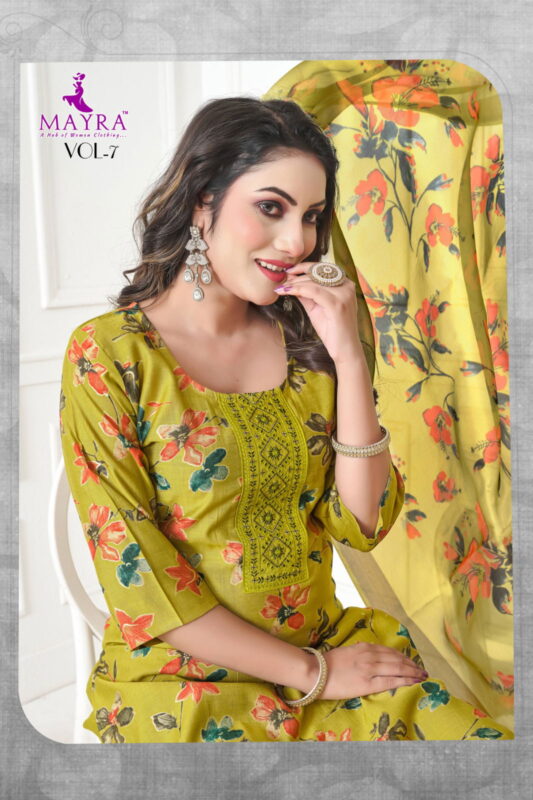 Stylish Mayra Pushpa 7 Vertican Print With Sequence Embroidery Top With Bottom And Dupatta Collection Wholesale 2026