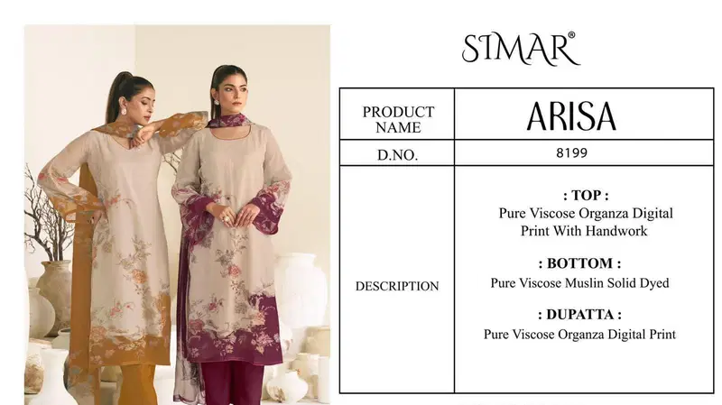 Launching Glossy Simar Arisa Viscose Organza Digital Print Handwork Salwar Kameez Wholesale 2026