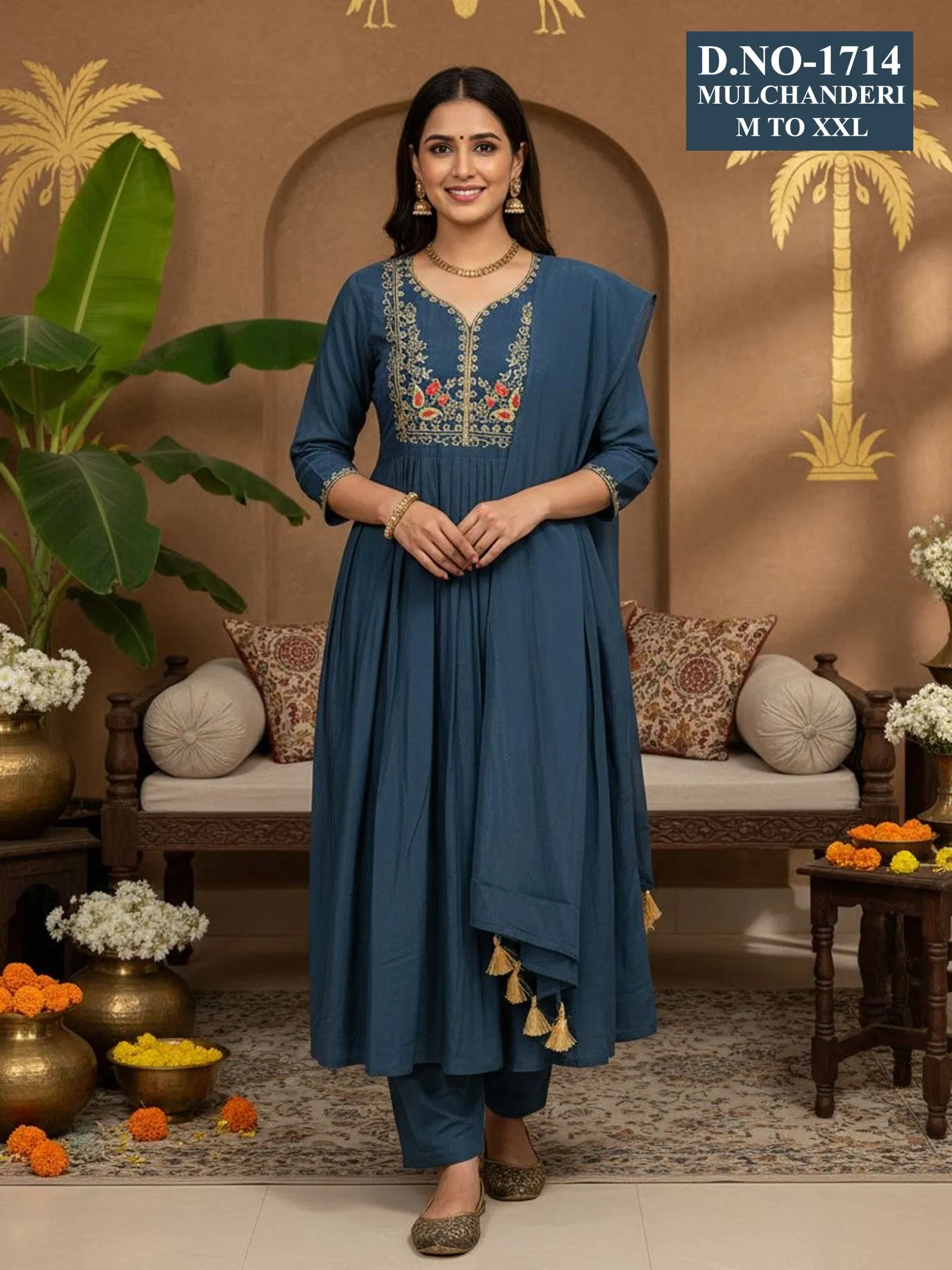 Buy Dnp Aarti 1714 Chanderi Mul Handwork Anarkali Top With Bottom And Dupatta Collection Wholesale 2026