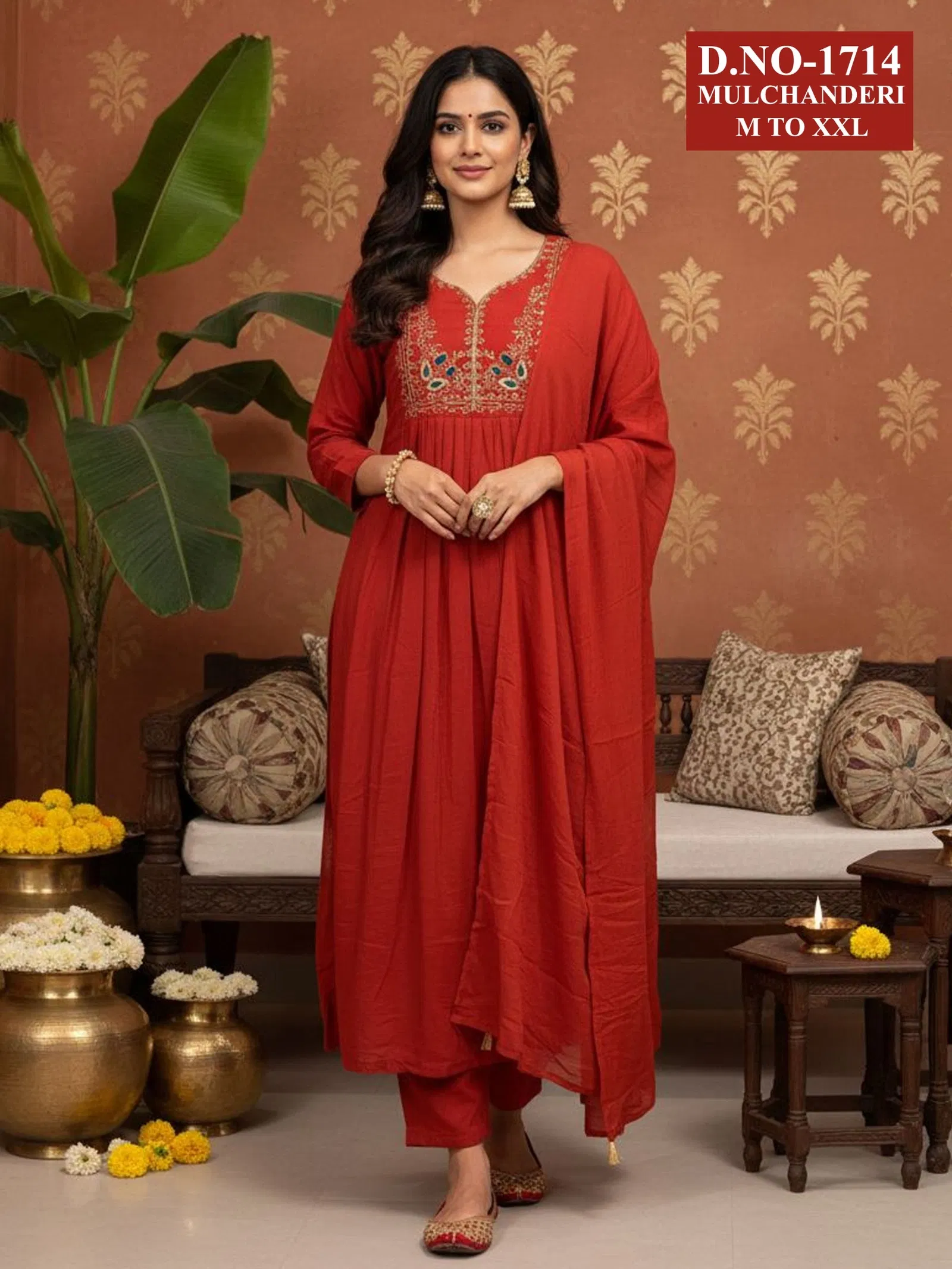 Buy Dnp Aarti 1714 Chanderi Mul Handwork Anarkali Top With Bottom And Dupatta Collection Wholesale 2026