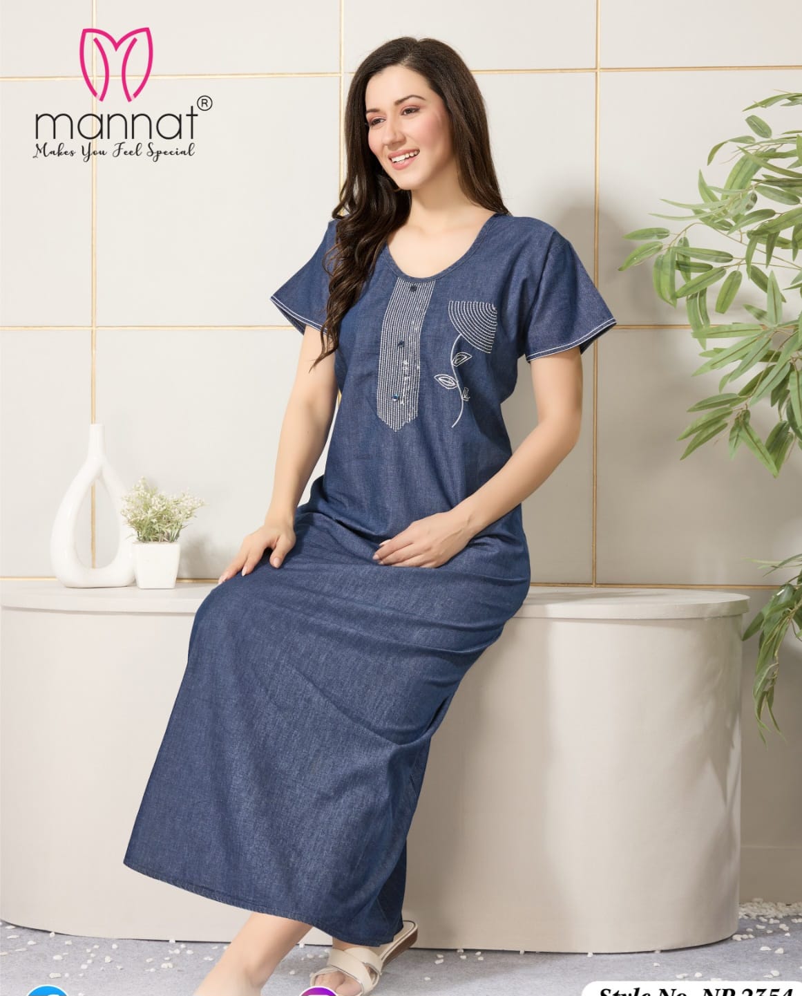 Beautiful Dnp Mannat Np 2354 Original Denim Gown With Embroidery Side Pocket Nighty Wholesale 2026