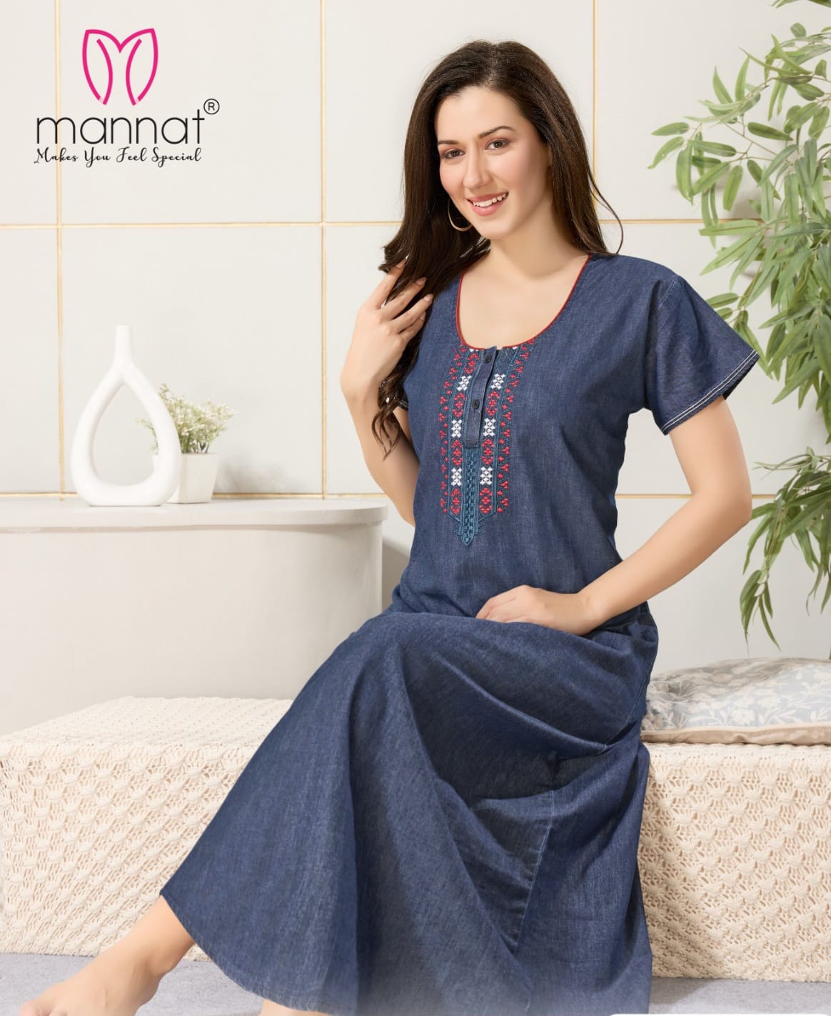 Beautiful Dnp Mannat Np 2354 Original Denim Gown With Embroidery Side Pocket Nighty Wholesale 2026