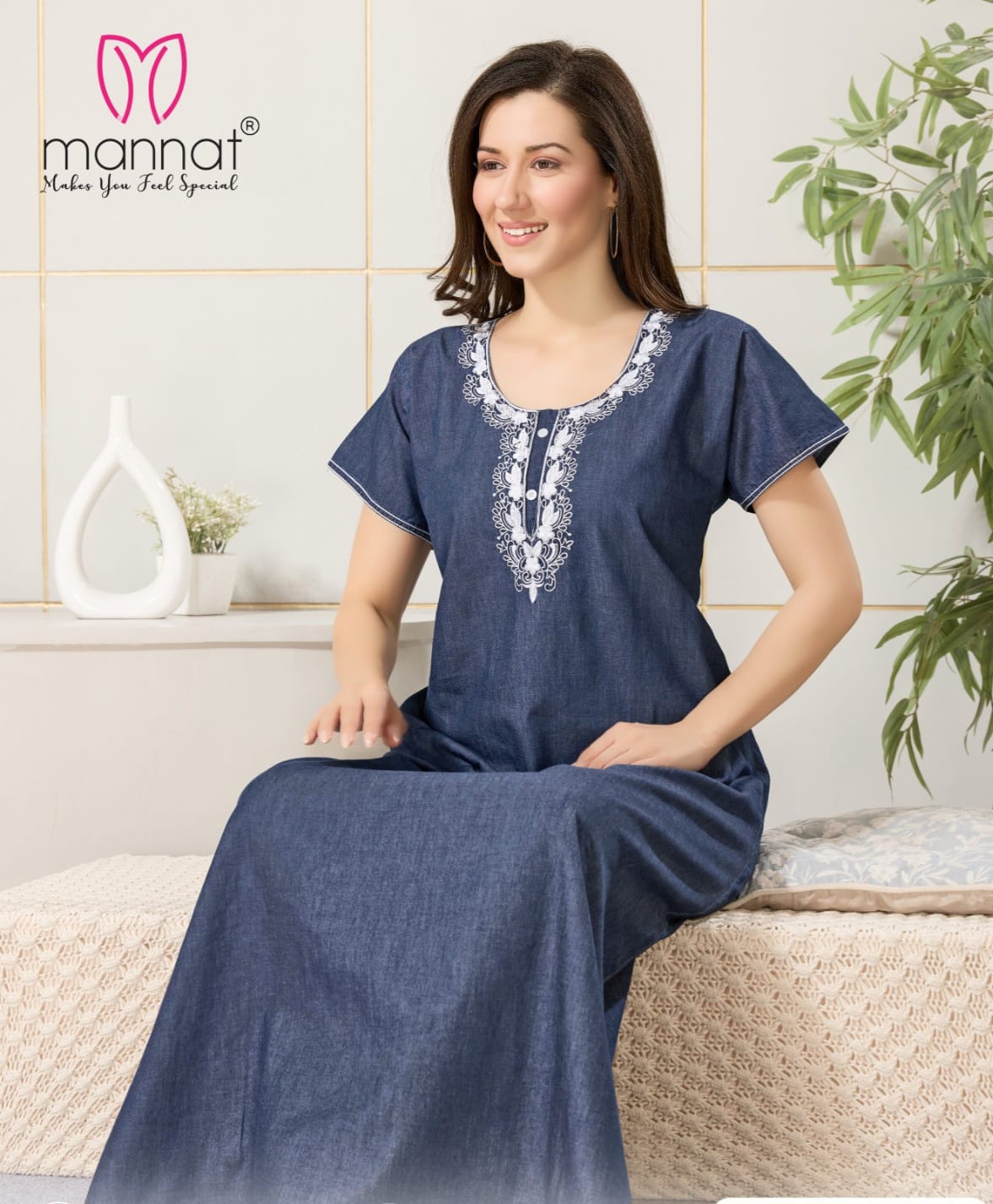Beautiful Dnp Mannat Np 2354 Original Denim Gown With Embroidery Side Pocket Nighty Wholesale 2026
