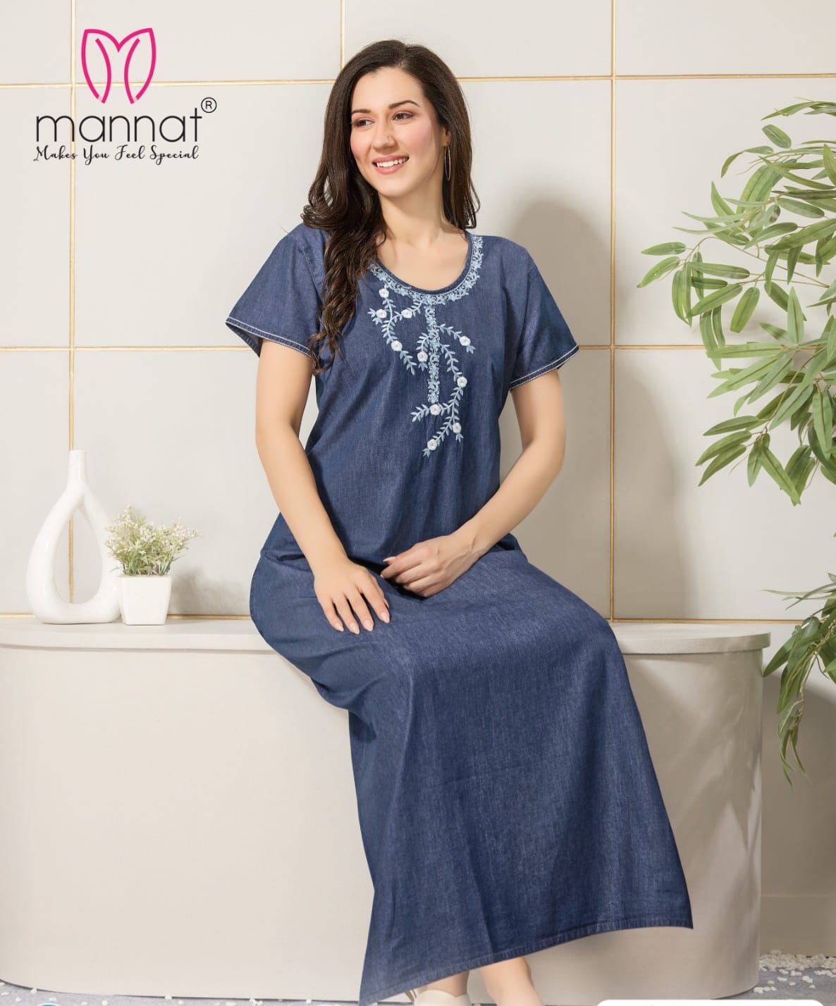 Beautiful Dnp Mannat Np 2354 Original Denim Gown With Embroidery Side Pocket Nighty Wholesale 2026