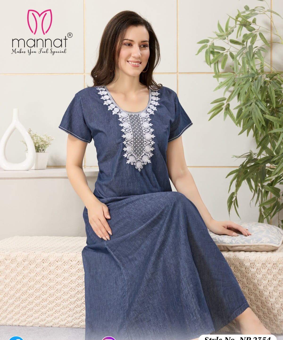 Beautiful Dnp Mannat Np 2354 Original Denim Gown With Embroidery Side Pocket Nighty Wholesale 2026