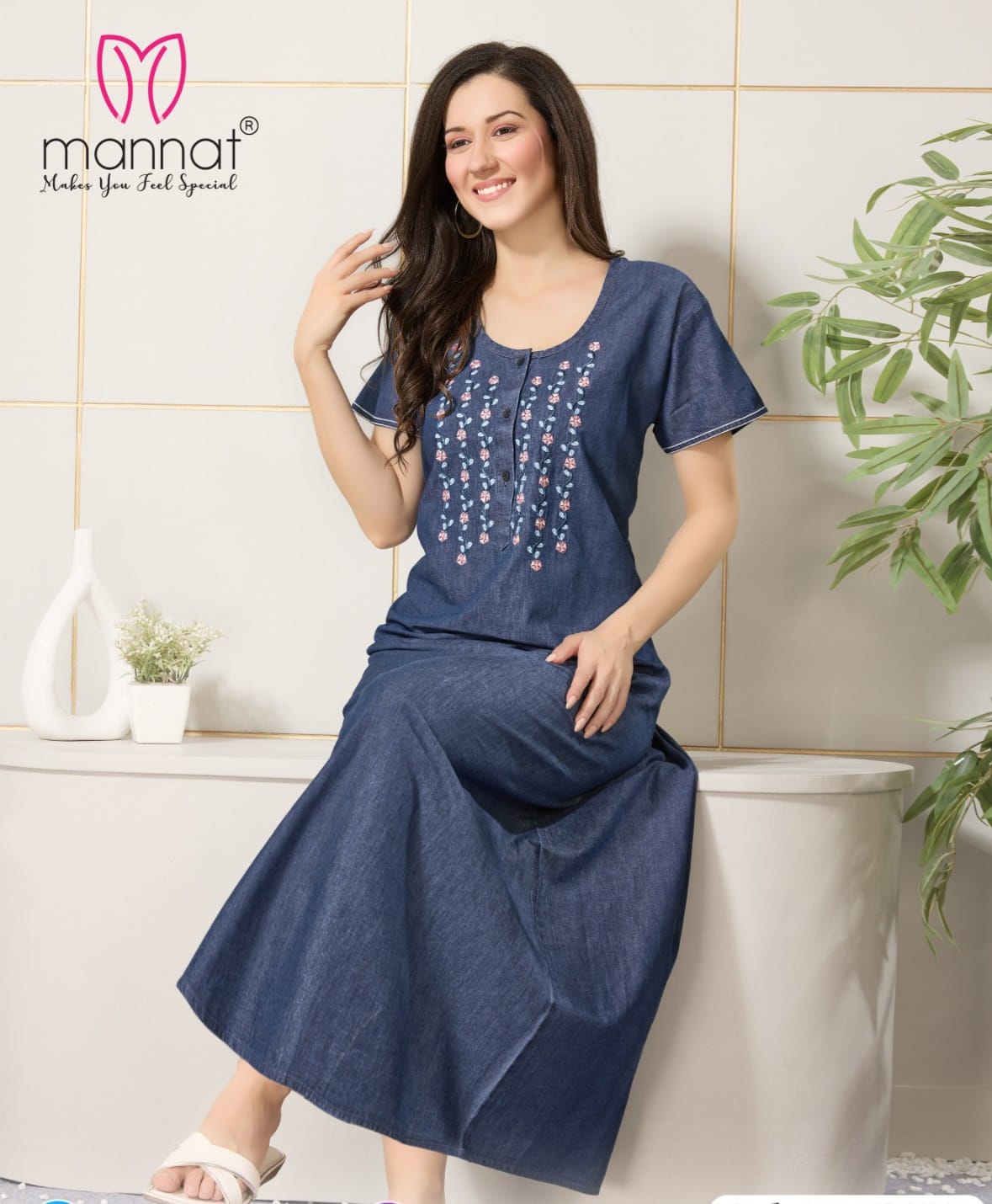 Beautiful Dnp Mannat Np 2354 Original Denim Gown With Embroidery Side Pocket Nighty Wholesale 2026