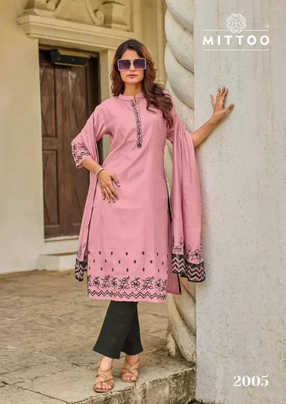 Stylish Mittoo Roopkala Viscose Thread Work Kurti Pant And Dupatta Collection Wholesale 2026
