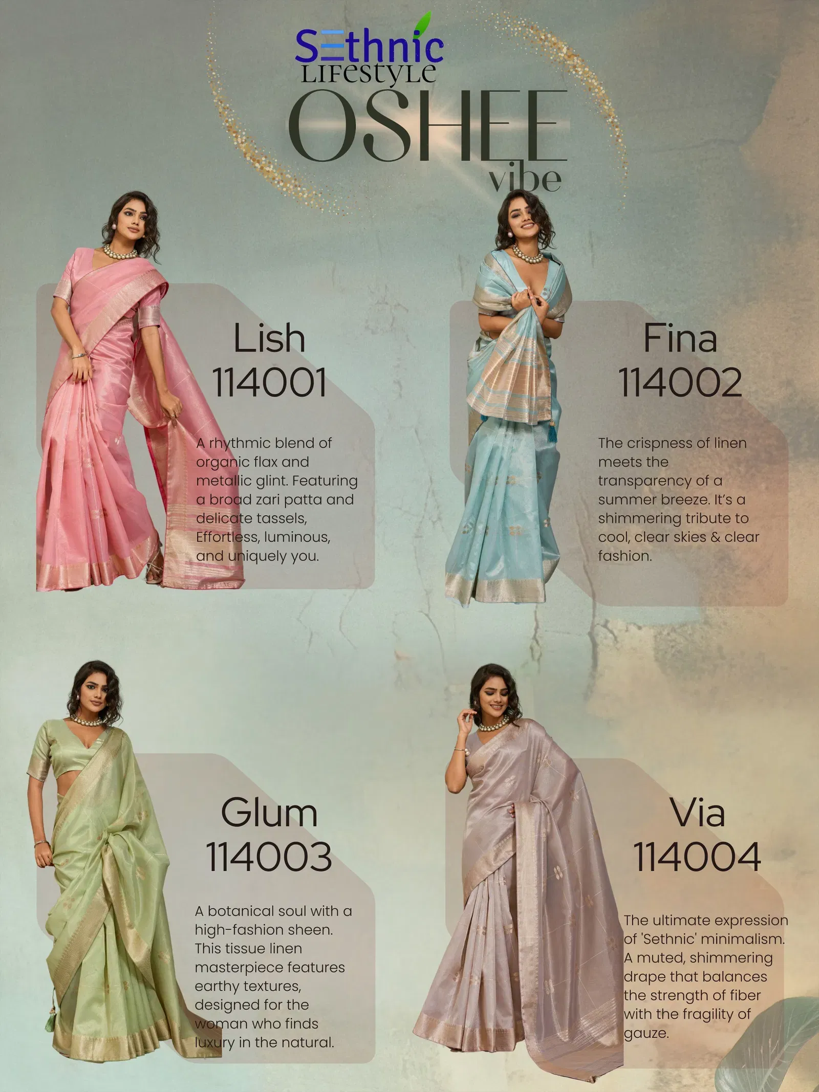 Buy Sethnic Oshee Vibe Tissue Linen Zari Woven Festival Wear Saree Collection Wholesale 2026