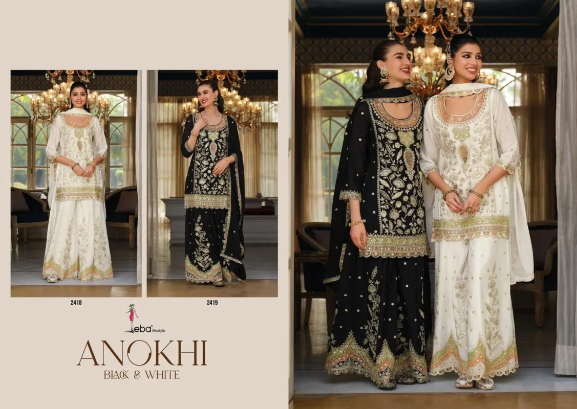 Beautiful Eba Anokhi Black And White Chinon With Embroidery Worked Top Bottom And Dupatta Wholesale 2026