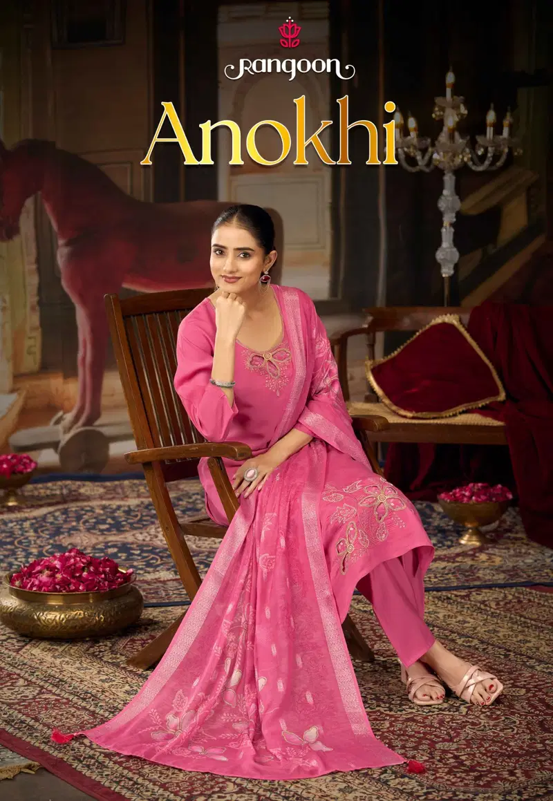 Rangoon Anokhi Viscose Embroidered Kurti Pant And Dupatta Collection Wholesale