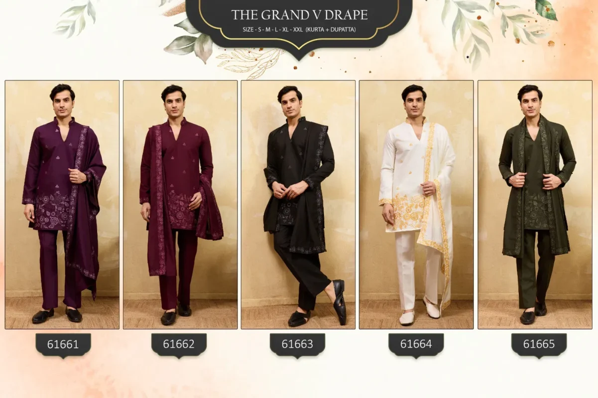 Launching Shubhvastra The Grand V Drape Viscose Silk Thread Work Kurta Pant And Dupatta Wholesale 2026