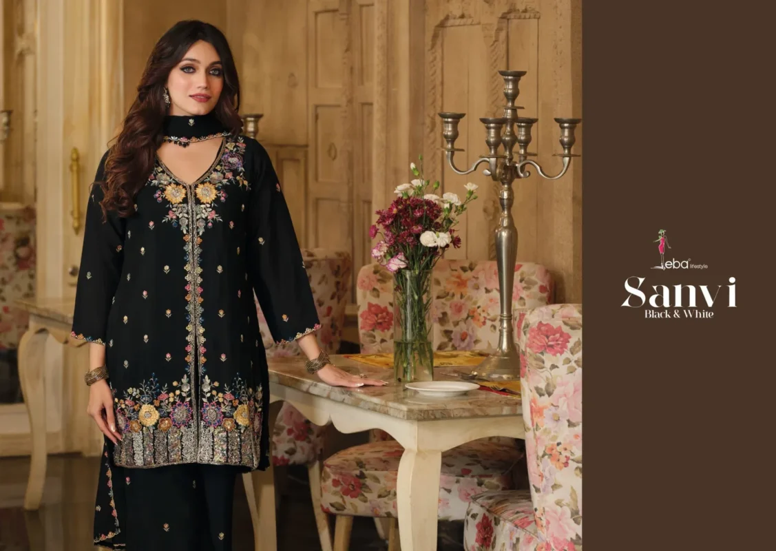 Beautiful Eba Sanvi Black And White Chinon With Beats Work Top Plazzo And Dupatta Wholesale 2026