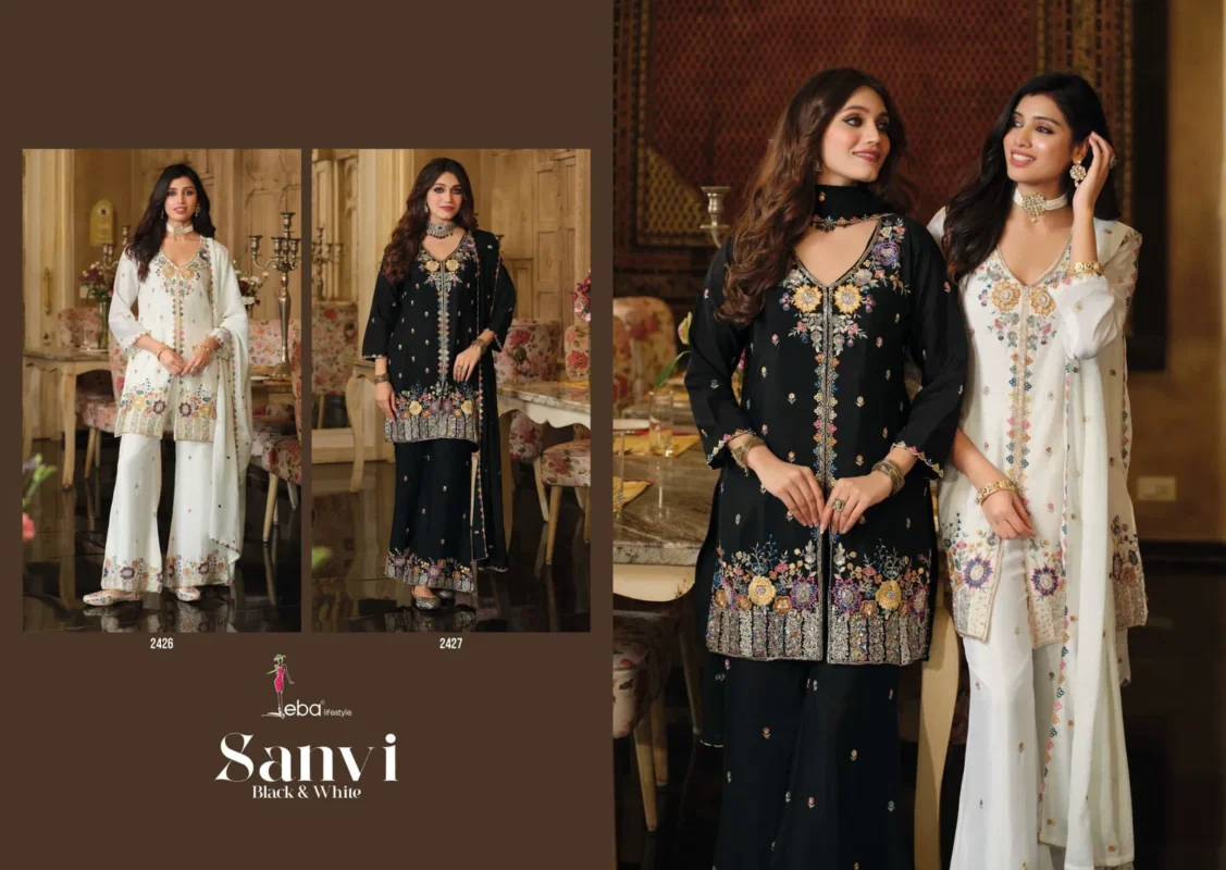 Beautiful Eba Sanvi Black And White Chinon With Beats Work Top Plazzo And Dupatta Wholesale 2026