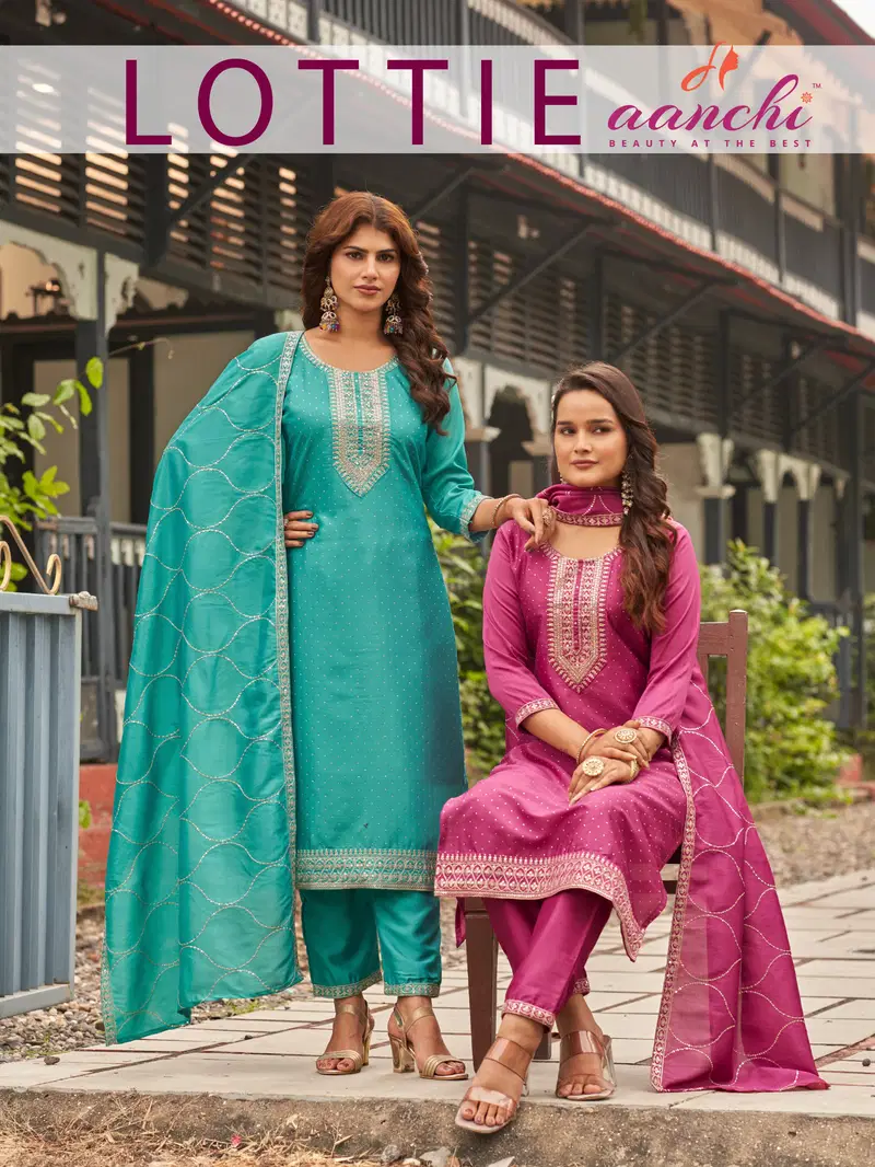 Aanchi Lottie Vichitra Silk Neck Embroidered Kurti Pant With Dupatta Wholesale