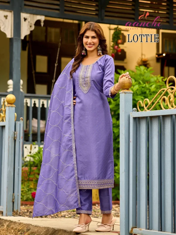 Beautiful Aanchi Lottie Vichitra Silk Neck Embroidered Kurti Pant With Dupatta Wholesale 2026