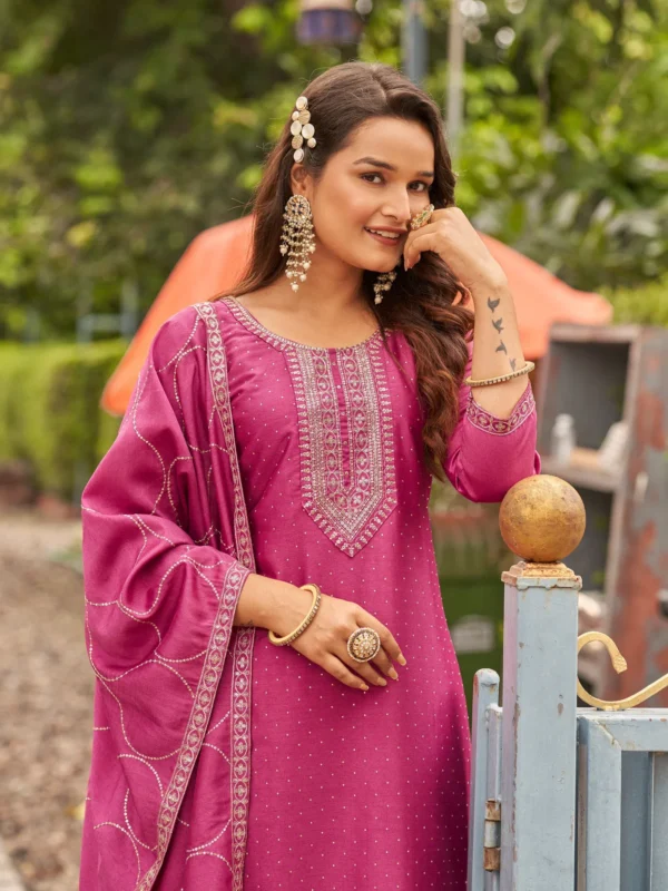 Beautiful Aanchi Lottie Vichitra Silk Neck Embroidered Kurti Pant With Dupatta Wholesale 2026