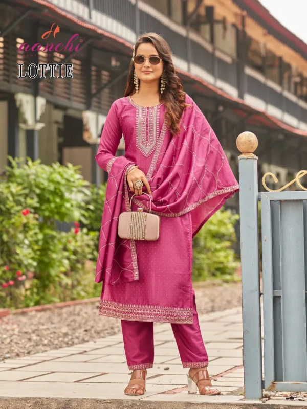 Beautiful Aanchi Lottie Vichitra Silk Neck Embroidered Kurti Pant With Dupatta Wholesale 2026