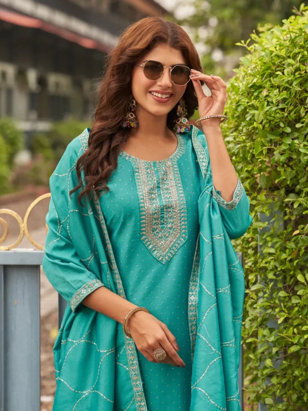 Beautiful Aanchi Lottie Vichitra Silk Neck Embroidered Kurti Pant With Dupatta Wholesale 2026