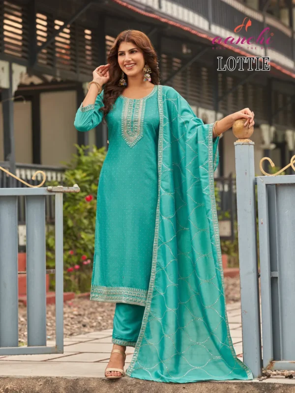Beautiful Aanchi Lottie Vichitra Silk Neck Embroidered Kurti Pant With Dupatta Wholesale 2026