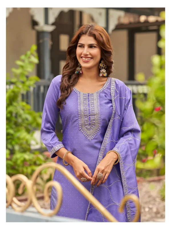 Beautiful Aanchi Lottie Vichitra Silk Neck Embroidered Kurti Pant With Dupatta Wholesale 2026