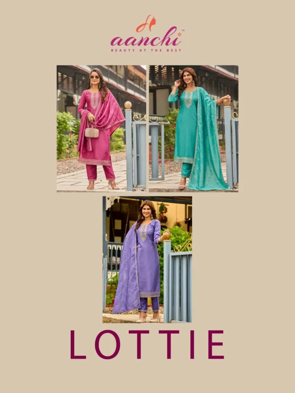 Beautiful Aanchi Lottie Vichitra Silk Neck Embroidered Kurti Pant With Dupatta Wholesale 2026
