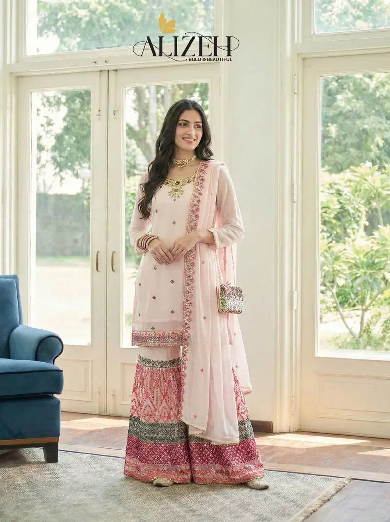Alizeh 7077 And 7089 Georgette With Embroidered Top Sharara And Dupatta Wholesale