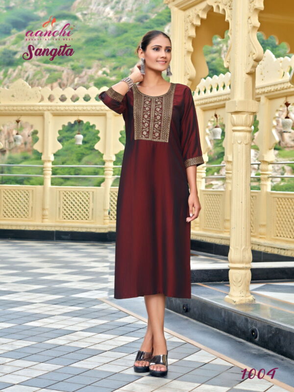 Latest Aanchi Sangita Rangeela Silk Fancy Straight Cut Embroidered Kurti Collection Wholesale 2026