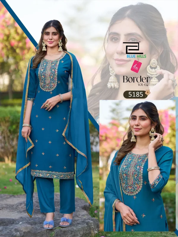 Beautiful Blue Hills Border Vol 2 Rayon Thread Worked Kurti With Bottom Dupatta Wholesale 2026