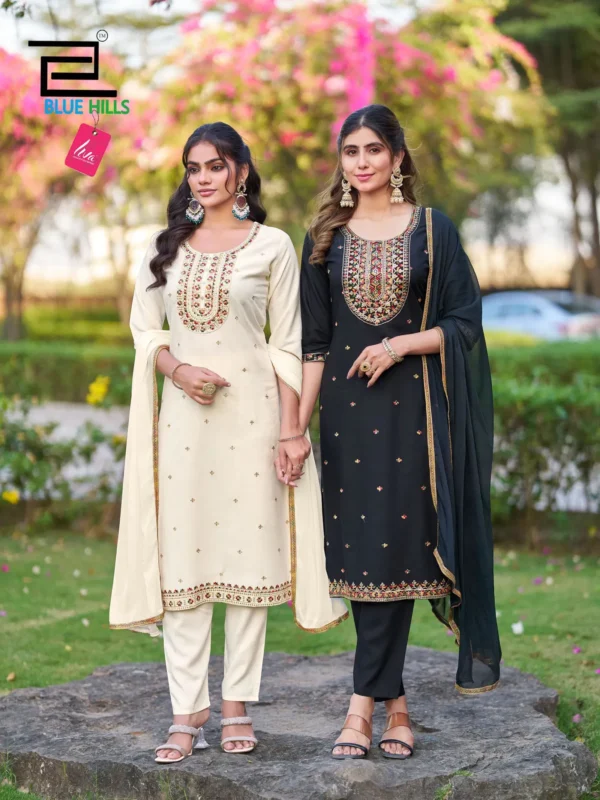 Beautiful Blue Hills Border Vol 2 Rayon Thread Worked Kurti With Bottom Dupatta Wholesale 2026