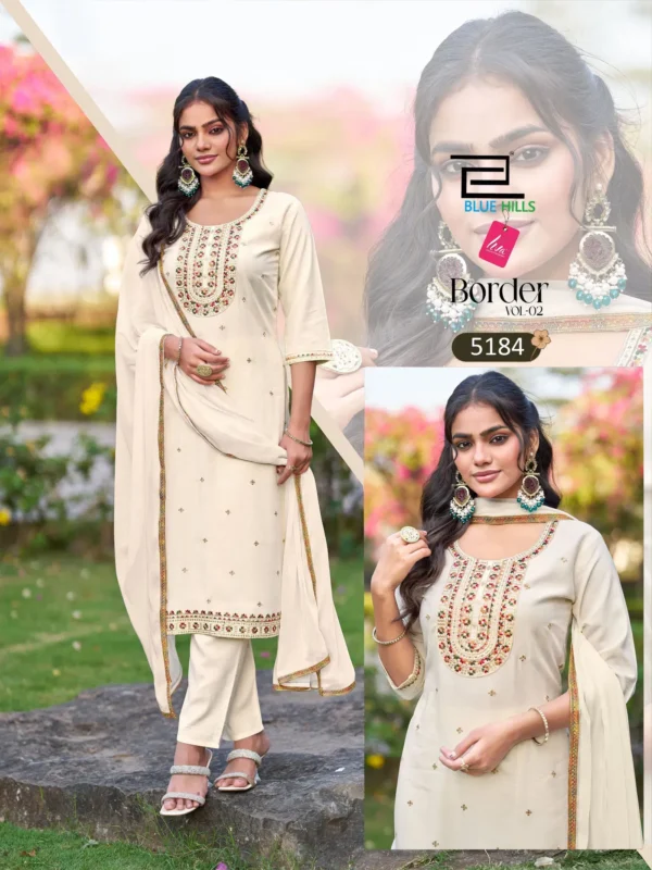 Beautiful Blue Hills Border Vol 2 Rayon Thread Worked Kurti With Bottom Dupatta Wholesale 2026