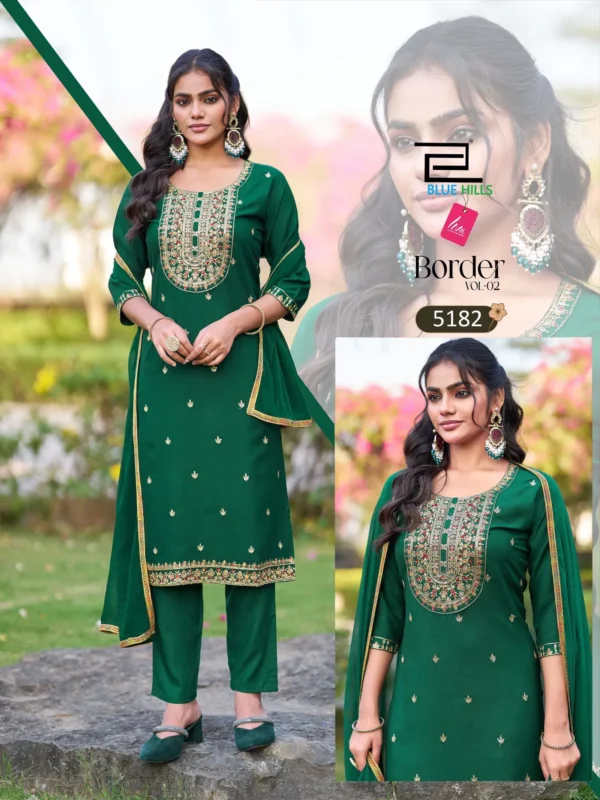 Beautiful Blue Hills Border Vol 2 Rayon Thread Worked Kurti With Bottom Dupatta Wholesale 2026