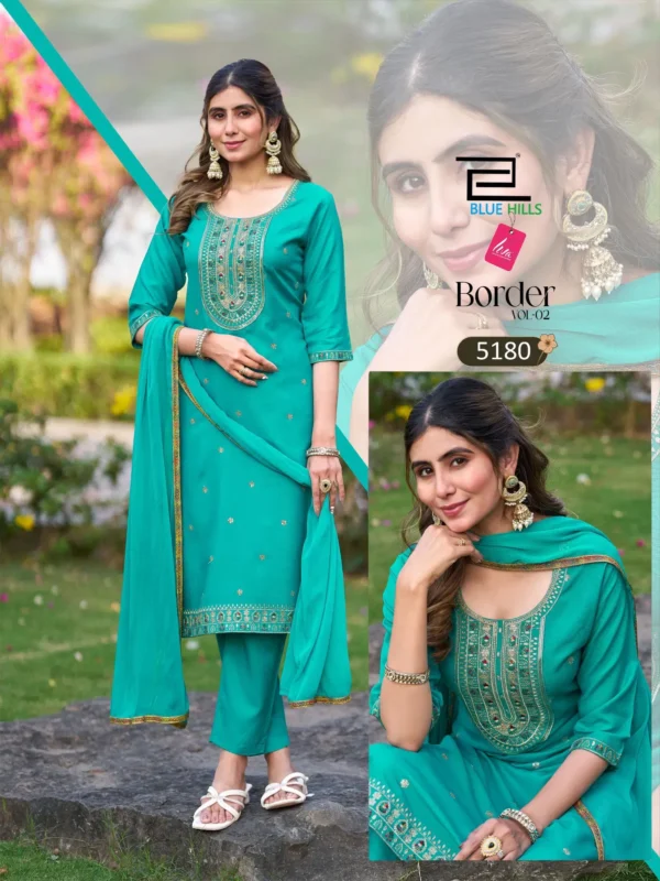 Beautiful Blue Hills Border Vol 2 Rayon Thread Worked Kurti With Bottom Dupatta Wholesale 2026