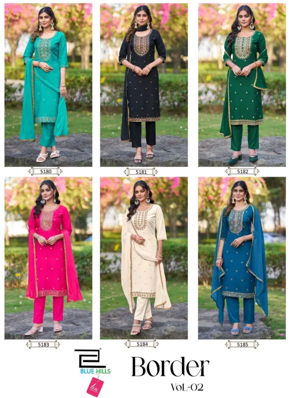 Beautiful Blue Hills Border Vol 2 Rayon Thread Worked Kurti With Bottom Dupatta Wholesale 2026