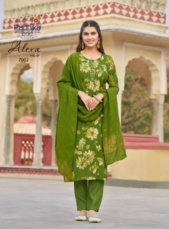 Stylish Radhika Alexa Vol 7 Vertican Silk Foil Printed Kurti Pant And Dupatta Wholesale 2026