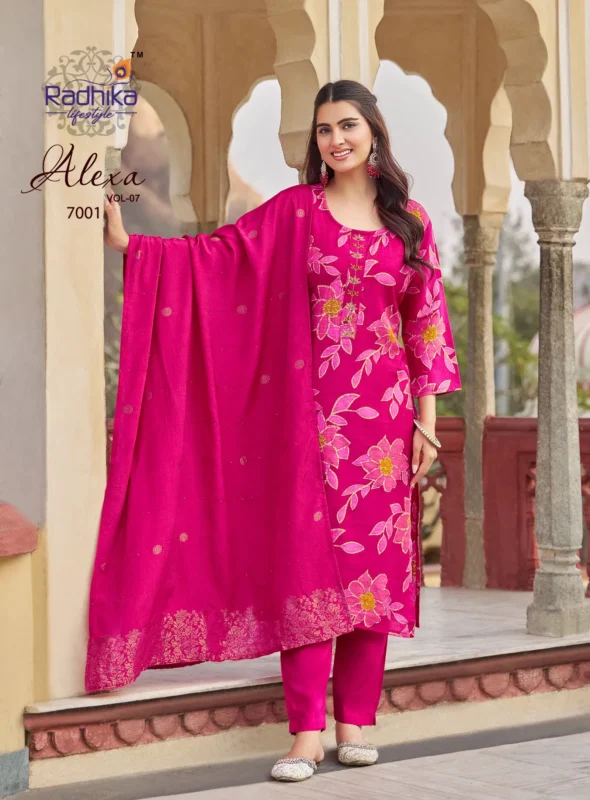 Stylish Radhika Alexa Vol 7 Vertican Silk Foil Printed Kurti Pant And Dupatta Wholesale 2026