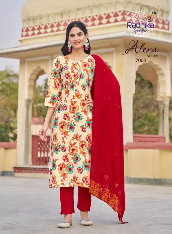 Stylish Radhika Alexa Vol 7 Vertican Silk Foil Printed Kurti Pant And Dupatta Wholesale 2026