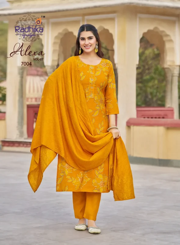Stylish Radhika Alexa Vol 7 Vertican Silk Foil Printed Kurti Pant And Dupatta Wholesale 2026