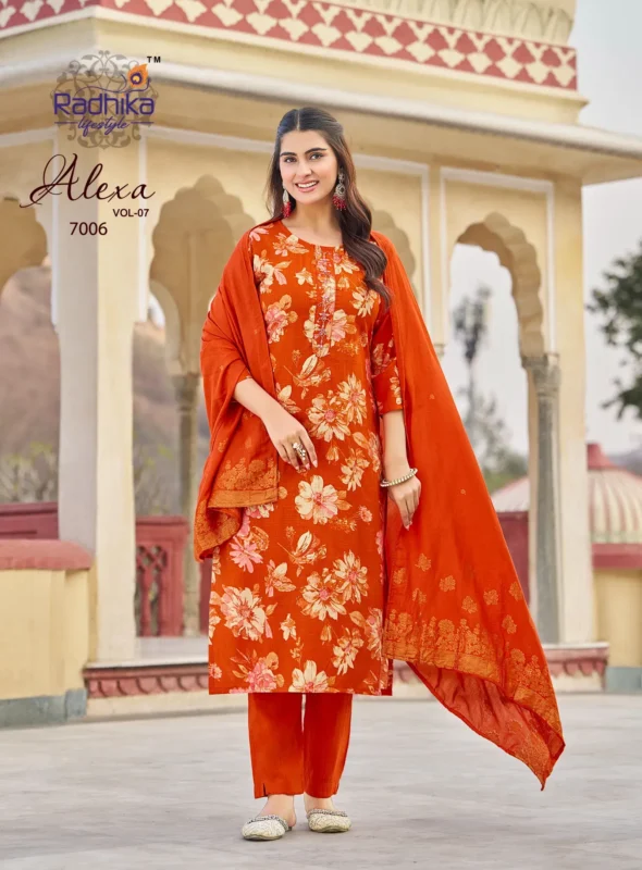 Stylish Radhika Alexa Vol 7 Vertican Silk Foil Printed Kurti Pant And Dupatta Wholesale 2026