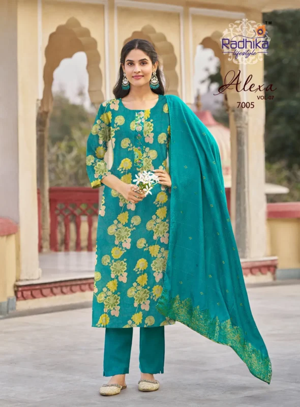 Stylish Radhika Alexa Vol 7 Vertican Silk Foil Printed Kurti Pant And Dupatta Wholesale 2026