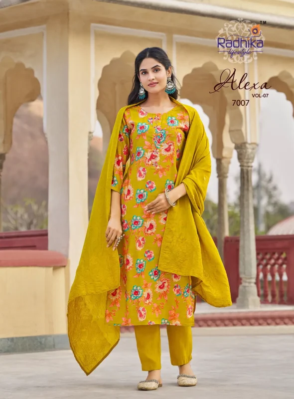 Stylish Radhika Alexa Vol 7 Vertican Silk Foil Printed Kurti Pant And Dupatta Wholesale 2026
