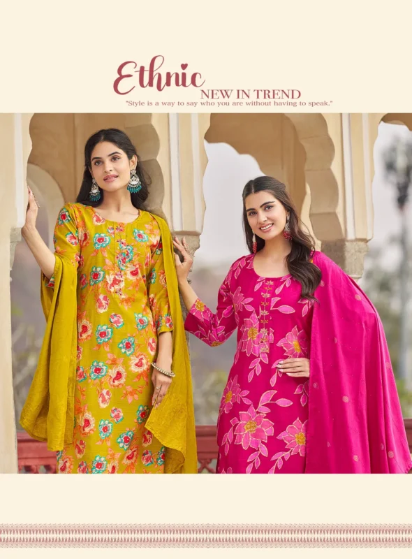 Stylish Radhika Alexa Vol 7 Vertican Silk Foil Printed Kurti Pant And Dupatta Wholesale 2026