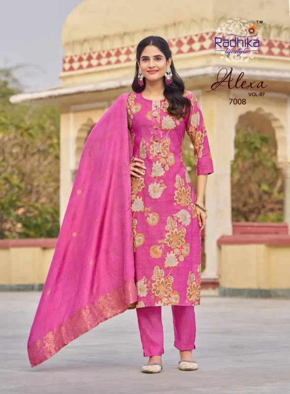 Stylish Radhika Alexa Vol 7 Vertican Silk Foil Printed Kurti Pant And Dupatta Wholesale 2026