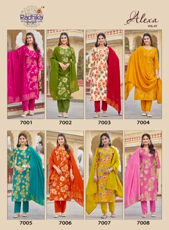 Stylish Radhika Alexa Vol 7 Vertican Silk Foil Printed Kurti Pant And Dupatta Wholesale 2026