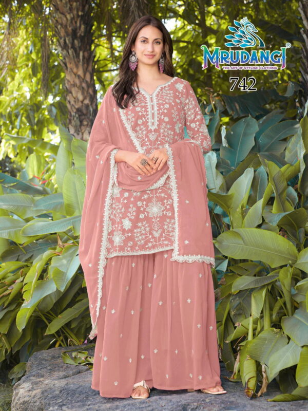 Beautiful Mrudangi Mishika Georgette Beads Embroidered Kurti With Sharara And Dupatta Wholesale 2026