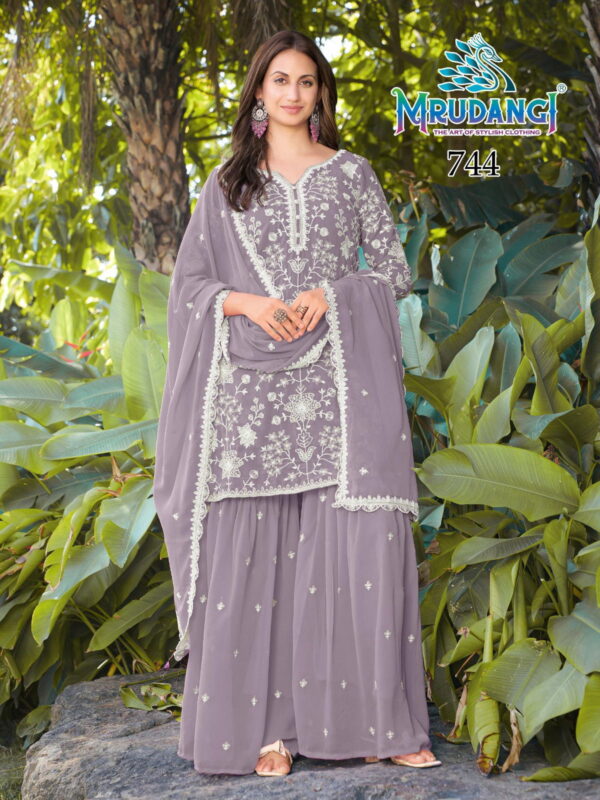 Beautiful Mrudangi Mishika Georgette Beads Embroidered Kurti With Sharara And Dupatta Wholesale 2026