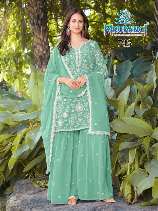 Beautiful Mrudangi Mishika Georgette Beads Embroidered Kurti With Sharara And Dupatta Wholesale 2026