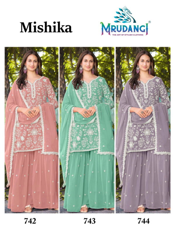 Beautiful Mrudangi Mishika Georgette Beads Embroidered Kurti With Sharara And Dupatta Wholesale 2026