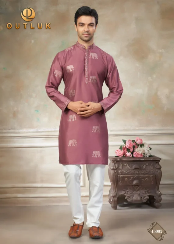 Latest Outluk Wedding 45 Silk Embroidery Worked Kurta And Pajama Collection Wholesale 2026